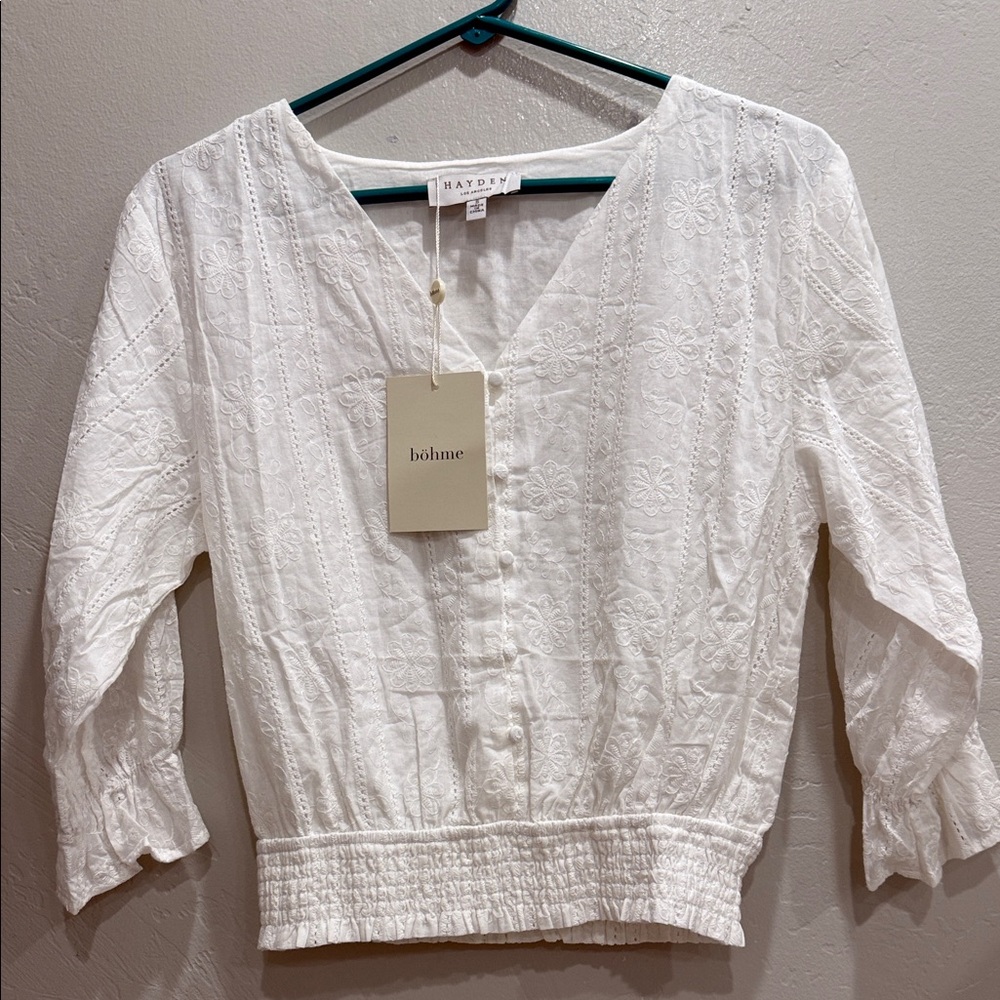 bōhme White Embroidered V-Neck Peasant Blouse